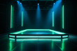 Modern dance stage light background with spotlight illuminated the stage. Stage lighting performance show. Empty stage with cool blue and green color stage lighting. Entertainment show.