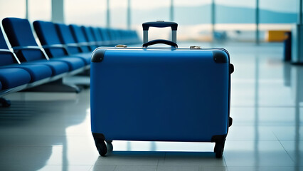 blue suitcase standing at the airport, traveling by plane, generative AI