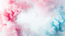 Abstract Cloud Of Silky Ink Splash, Like Smoke. White Frame, Copy Space. Pastel Blue And Pink Colors. Generative AI