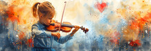 A Young Girl, A Child Plays The Violin Against A Watercolor Background, A Lot Of Energy And Expression