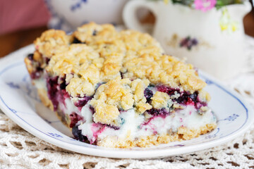 Canvas Print - Homemade fruit cake with blueberries and red currant.