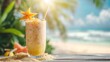 Refreshing tropical mango smoothie garnished with a carambola slice on a beach background.