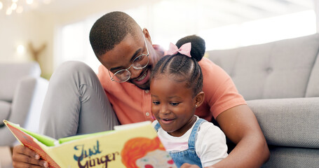 Canvas Print - Reading, father and story with girl for learning in lounge for education or quality time. Kid, books and parent for support on floor or fun with growth for childhood at house with happy family.