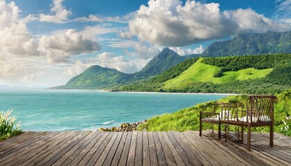 wide view of green mountainous beach in front of sea in summer, cloudy sky, with wooden terrace