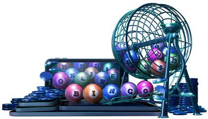 Wall Mural - A 3D illustration advertising online bingo games, showcasing a metal wire cage filled with colorful bingo balls, sitting atop of a stack of mobile devices.