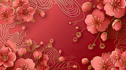 Wall Mural - Happy Chinese new year luxury style pattern background . Oriental sakura flower gold line art texture on red background. AI generated illustration