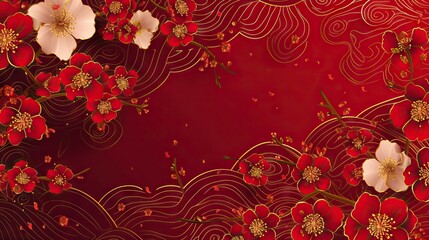 Wall Mural - Horizontal Banner 2023 with Asian Elements.  illustration. Japanese Lantern, China Cloud, Red and Gold Pattern Background. AI generated illustration