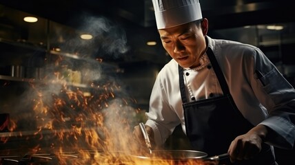 Wall Mural - Action of Professional chef working in restaurant kitchen n a dark background