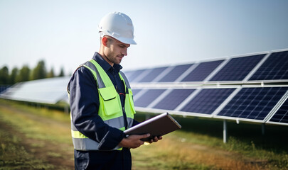 Male maintenance engineer using tablet at greenery Solar farm.