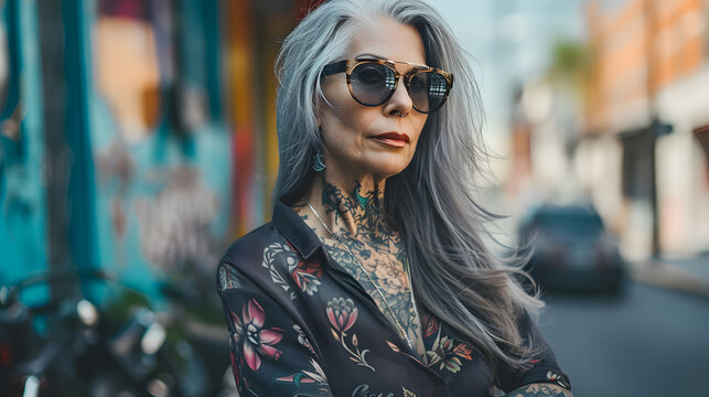 Trendy old woman with long grey hair, tattoo and piercing looking serious on camera - Beautiful hipster female senior concept - Model AI generative