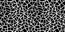 Seamless Playful Hand Drawn Black And White Cracked Cobblestone Tile Mosaic Fabric Or Wallpaper Pattern. Abstract Cute Broken Kintsugi Polygons Background Texture In A Trendy Doodle Line Art Style.
