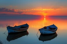 Two Rowboats Anchored In Calm Sea At Sunrise