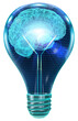 An illustration of a light bulb with a human brain inside, representing the abstract concept of brainstorming processes and creative thinking. 3D rendering 