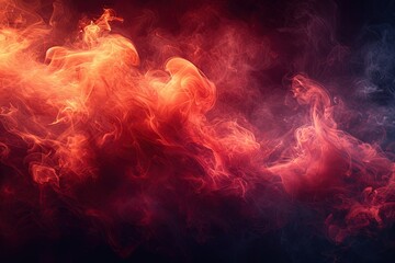 Wall Mural - Red flames and smoke swirl in dance of heat and mystery creating abstract spectacle. Dark smoky backdrop illustrates mystical union of light and motion