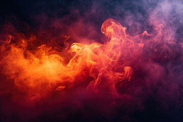 Wall Mural - Red flames and smoke swirl in dance of heat and mystery creating abstract spectacle. Dark smoky backdrop illustrates mystical union of light and motion