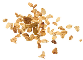 Wall Mural - Oatmeal, raisins. Granola isolated on background, top view