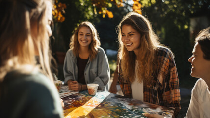 Wall Mural - Young Women Enjoying Friendship and Fun at an Outdoor Café