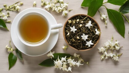 Sticker - A cup of tea and a bowl of herbs on a table