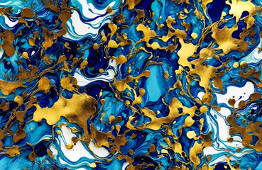 Seamless cobalt blue and gold fluid pattern, Marble texture wallpaper design. Generative ai