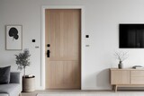 Fototapeta Storczyk - Minimalist Scandinavian interior design for a modern living room. Wooden door close-up.