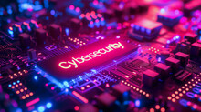 A Complex Circuit Board With The Word “Cybersecurity” Illuminated In Bright Red, Showcasing Intricate Pathways And Components, Glowing In Vibrant Blue And Red Hues, Symbolizing Digital Safety. 
