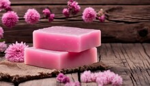 A Stack Of Pink Soap On A Wooden Table