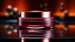 Minimalistic image of a jar of cream in studio lighting. Luxurious dark red metallic color. Generative AI
