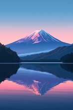 Illustration Of Japanese Mountain Landscape Background, Mount Fuji Japan  Style Background For Wall Art Print Decor Poster Design. AI Generated Illustration