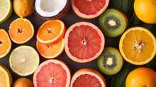Fresh Juicy Citrus Fruits As Background, Top View