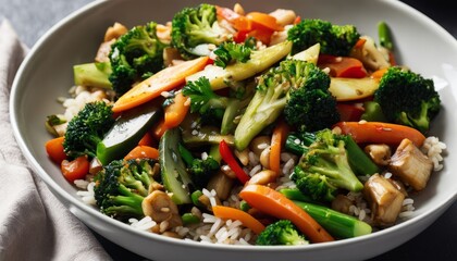 Poster - A plate of rice and vegetables with broccoli and carrots