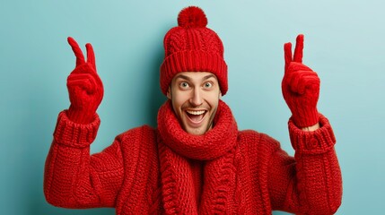 Wall Mural - Cheerful man wearing a scarf and knitted hat, isolated on a pastel background with room for text