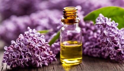 Poster - A bottle of lavender oil sits on a wooden table