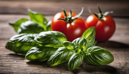 Sticker - A bunch of fresh basil leaves and tomatoes on a wooden table