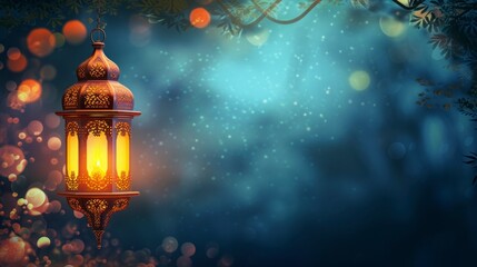 beautiful arabic lantern with lit candle hanging on a tree