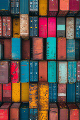 Overhead of a busy seaport, containers arranged in colorful patterns