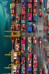 Wall Mural - Overhead of a busy seaport, containers arranged in colorful patterns
