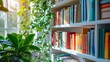A bright and airy reading nook featuring a white bookshelf and vibrant plants.