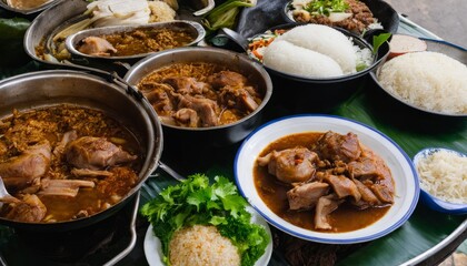 Sticker - A table full of food including rice and meat