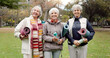 © N F/peopleimages.com - Old women, friends and yoga in the park, fitness and smile in portrait, health and retirement together. Female people in nature, exercise mat and pilates class with pension, community and wellness