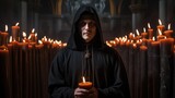 Fototapeta Sport - A man in a dark robe and hood holding a candle in a satanic church. Satanism concept. Evil Cult Concept.