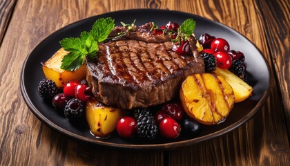 Sticker - A plate of food with a piece of meat, fruit, and berries