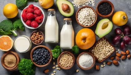 Poster - A variety of foods including milk, fruit, nuts and grains