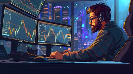 Wall Mural - Successful businessman young trader with computer screen with stock market graph diagram information. Vector illustration of trader success