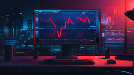 Wall Mural - Computer monitor of stock or cryptocurrency trader with candle stick.