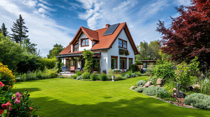 Idyllic German Home: Bright Facade with Lush Green Grass in Perfect Weather