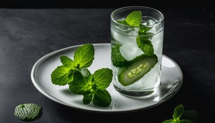 Poster - A glass of water with a mint leaf and a pickle slice on a plate