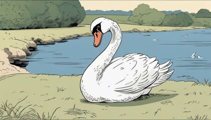 Poster - A white swan with an orange beak standing on the grass