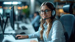 © Jugoslav - Female Telemarketer in Headset, Consulting Online Customer on Computer in Customer Support Office. Generative AI
