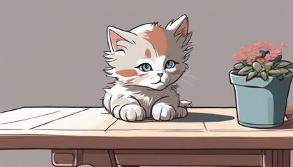 Sticker - A white and orange kitten sitting on a table next to a blue flower pot