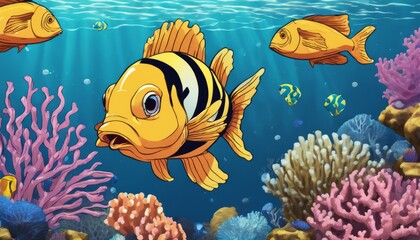  A colorful fish with a yellow and black stripe is swimming in the ocean